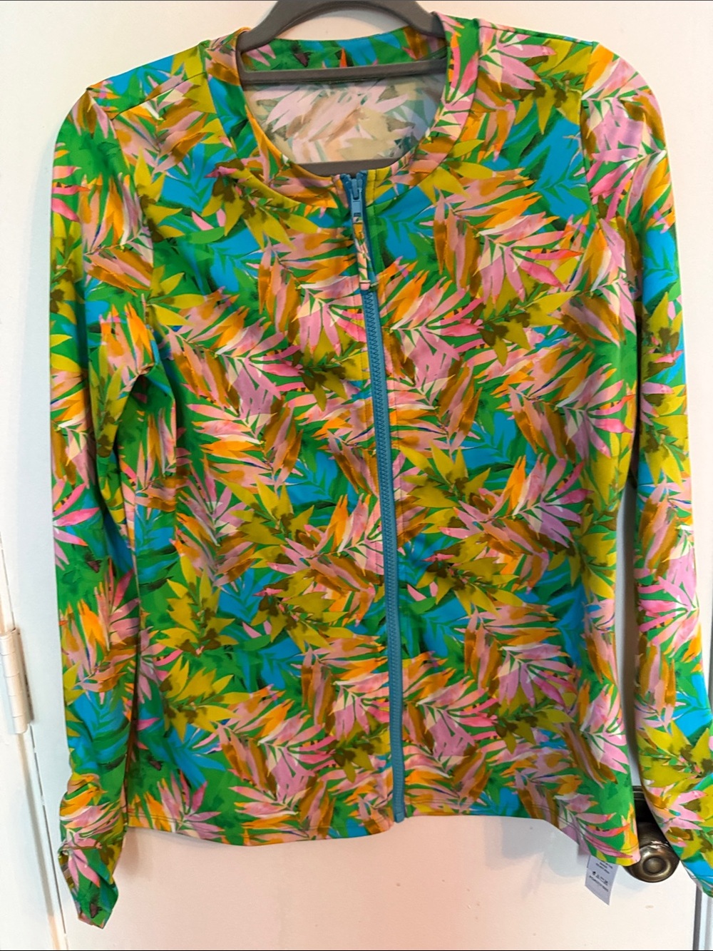 Belle by Kim Gravel Tropical Zip-Front Coverup - Teal, Pink, Green NWOT